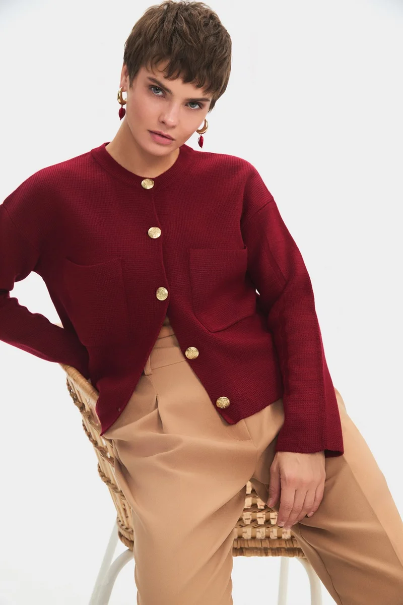 JUNE Women's Pocket Gold Button Detailed Knitwear Cardigan