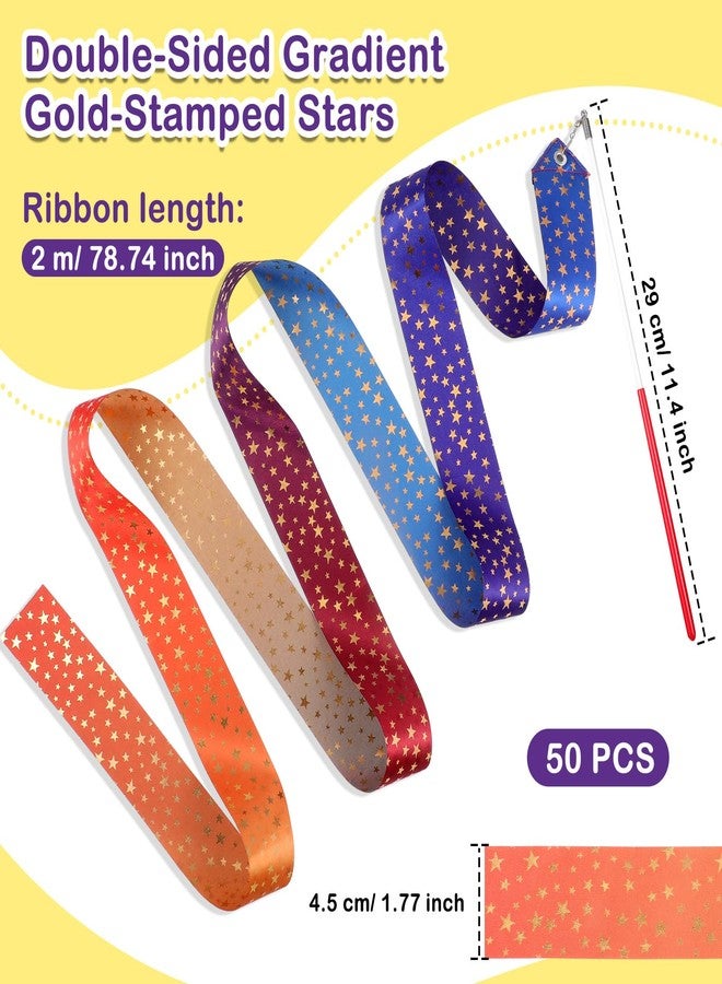 Yilloog 50 Pcs Ribbon Dancing Wands Party Favors, 78.7 Inch Artistic Gymnastics Ribbon Streamers Twirling Wands, Rainbow Birthday Decorations(Double-Sided Color,Star Style) - Image 3