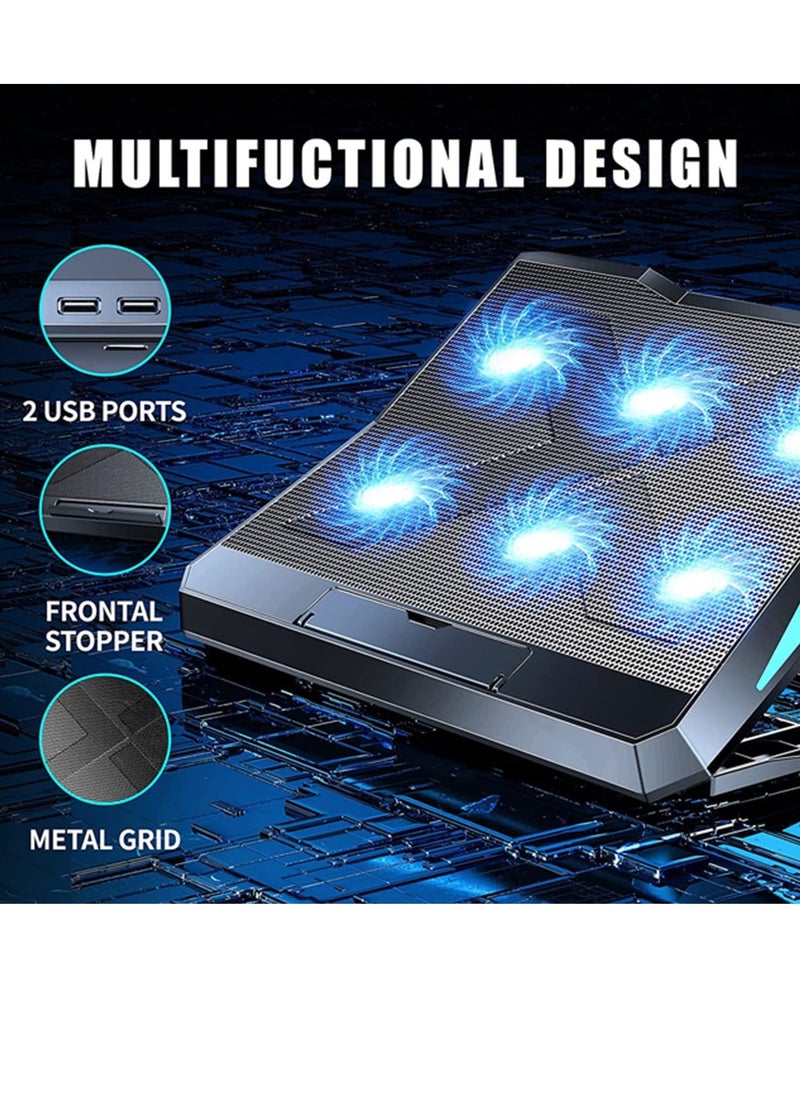 KASTWAVE - Laptop Cooling Pad 2022 Upgrade Laptop Cooler Pad with 6 Cooling Fans 6 Adjustable Height Stands USB Powered Chill Mat for 11-15.6 Inch Laptops Blue LED Lights - Image 1