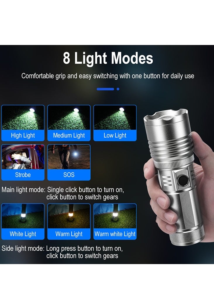 BORUIT - Strong and ultra bright flashlight charging outdoor long-range laser white laser zoom long endurance camping light 2400mAh waterproof IPX4 eight dimming modes, telescopic focusing power bank LCD bat - Image 1