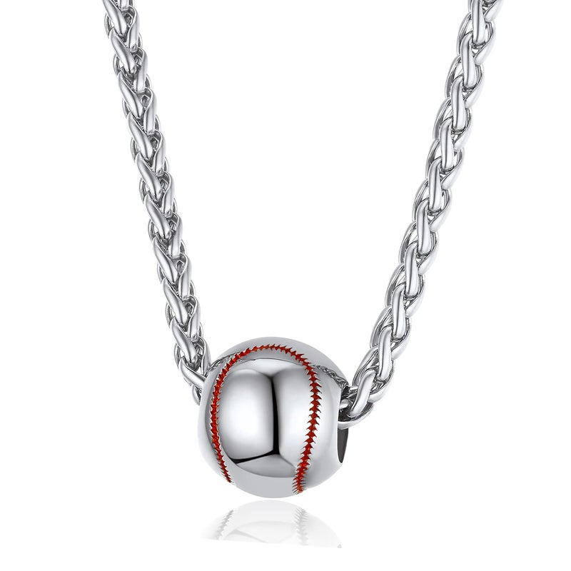 U7 Baseball Chains for Men Stainless Steel Round Ball Pendant Sport Softball Necklace Steel 22" - Image 1