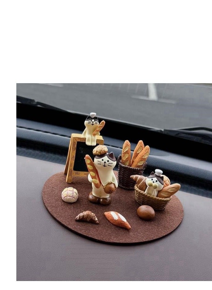 Bread Cat Set 6-piece - Car Interior Decoration Ornament Ornament - Cute Ornament of Healing Series in Car Center Console - (Using Stick Cat+Shop Cat+Stick+Bread Basket+Mini Bread+Brown Round Pad) - Image 1