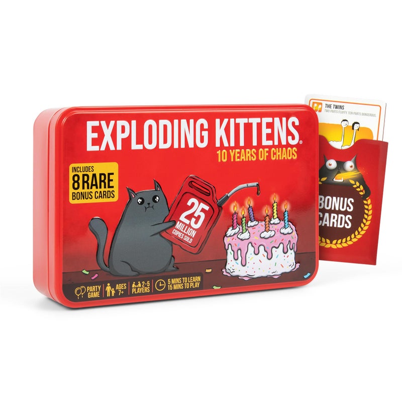 Exploding Kittens -10th Anniversary Collectible Tin (Limited Edition) â€“ Updated with 8 Legacy Cards â€“ Hilarious Fast-Paced Card Game for Adults and Kids, Travel Friendly, Ideal for Family Game Night - Image 1