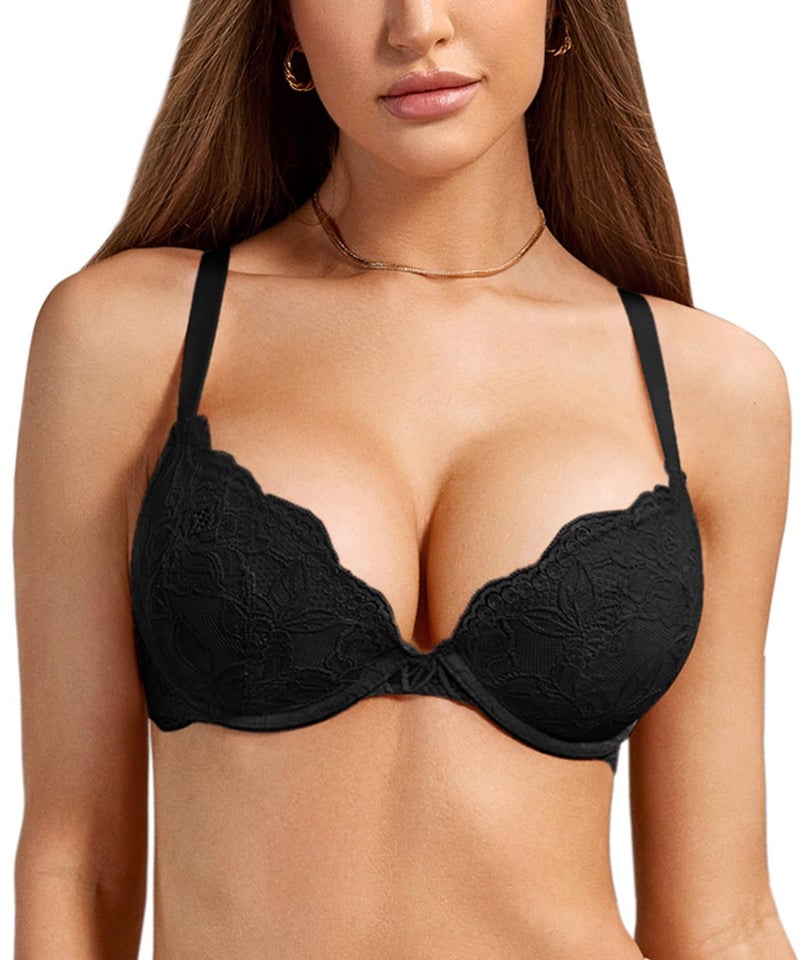 DOBREVA Women's Push Up Lace Bra Underwire Plunge Full Coverage Bras Sexy Plus Size Support Black 38D - Image 1