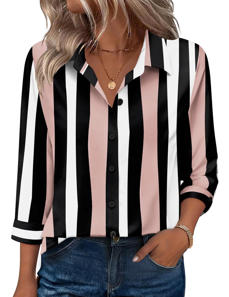 Zeagoo 3/4 Sleeve Blouses for Women Striped Button Down Shirts Business Dressy Tops Summer Spring Clothes - Image 1