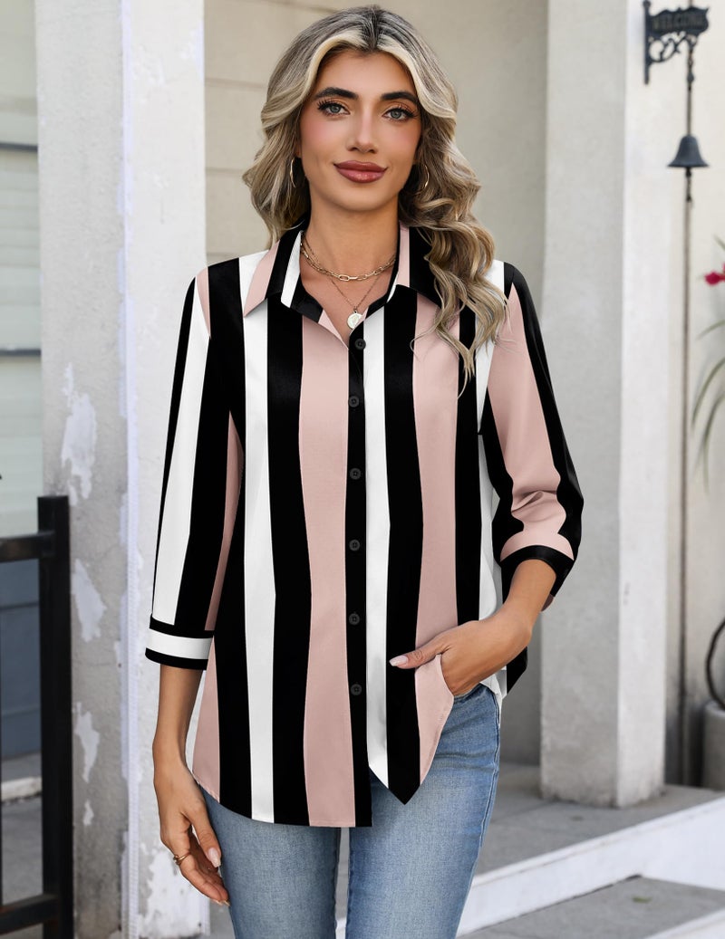 Zeagoo 3/4 Sleeve Blouses for Women Striped Button Down Shirts Business Dressy Tops Summer Spring Clothes - Image 2