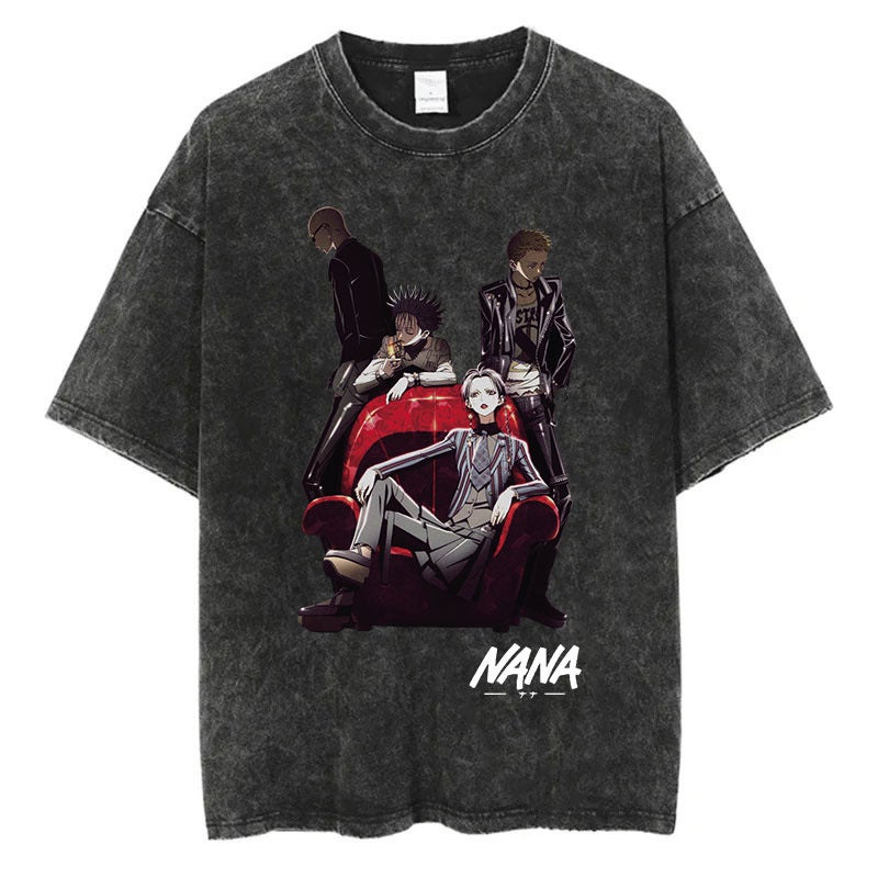 New Street Cotton American Style Retro T-Shirt Do Cartoon Animation Old NANA Washed Printed Costume Harajuku Short Sleeve 4 Retro Black 