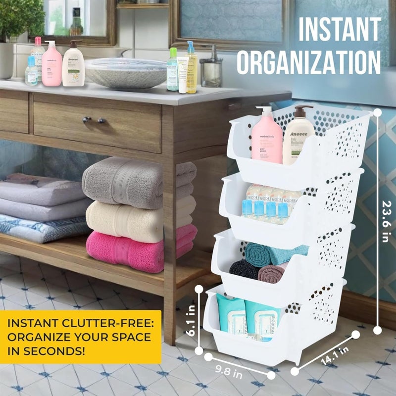 Skywin TidyFriend Stackable Storage Bins for Pantry, 4 Pack Stackable Bins For Organizing Food, Kitchen, and Bathroom Essentials (White) - Image 2