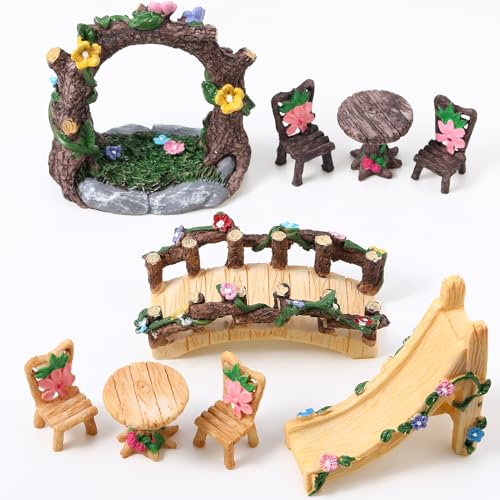 GGSTDDUP 9 Pcs Fairy Garden Accessories Miniature Garden Kit Landscape Decorations Table and Chairs Set Fairy Garden Furniture Ornaments Bridge Flower Slide Figurine for Terrarium Potted Plants Dollhouse - Image 1