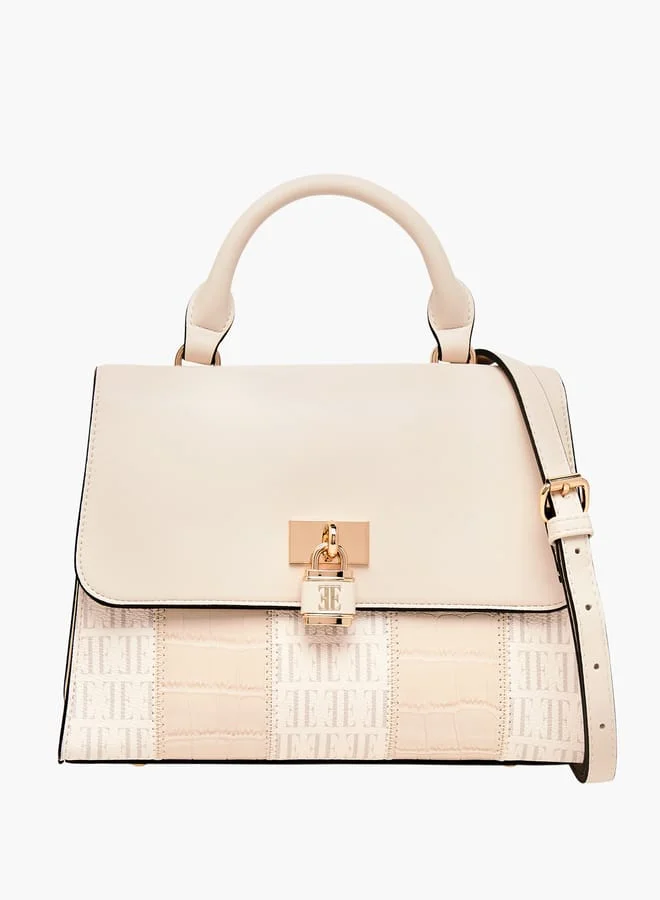 ELLE Women Monogram Print Satchel Bag with Adjustable Strap and Button Closure