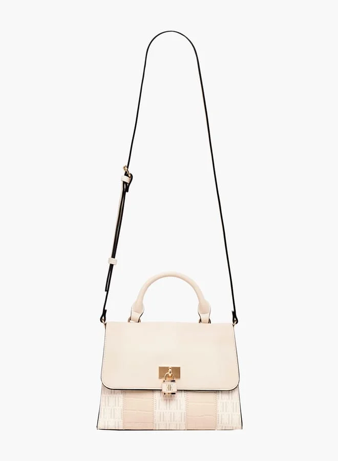 ELLE Women Monogram Print Satchel Bag with Adjustable Strap and Button Closure