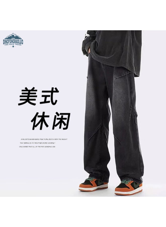 Dingfengbaoluo American High Street Men's Jeans Autumn And Winter Season Niche Casual Retro Loose Straight Wide Leg Pants 9328 Black M - Image 1