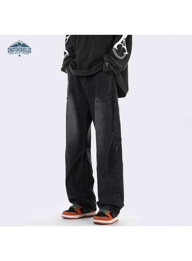 Dingfengbaoluo American High Street Men's Jeans Autumn And Winter Season Niche Casual Retro Loose Straight Wide Leg Pants 9328 Black M - Image 3
