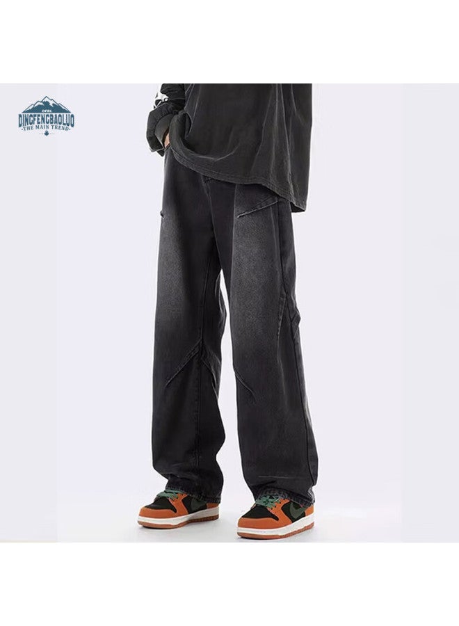 Dingfengbaoluo American High Street Men's Jeans Autumn And Winter Season Niche Casual Retro Loose Straight Wide Leg Pants 9328 Black M - Image 2