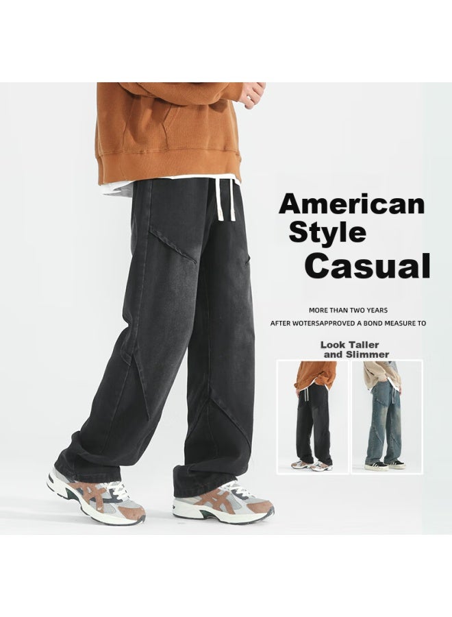 Dingfengbaoluo American High Street Men's Jeans Autumn And Winter Season Niche Casual Retro Loose Straight Wide Leg Pants 9328 Black M - Image 4