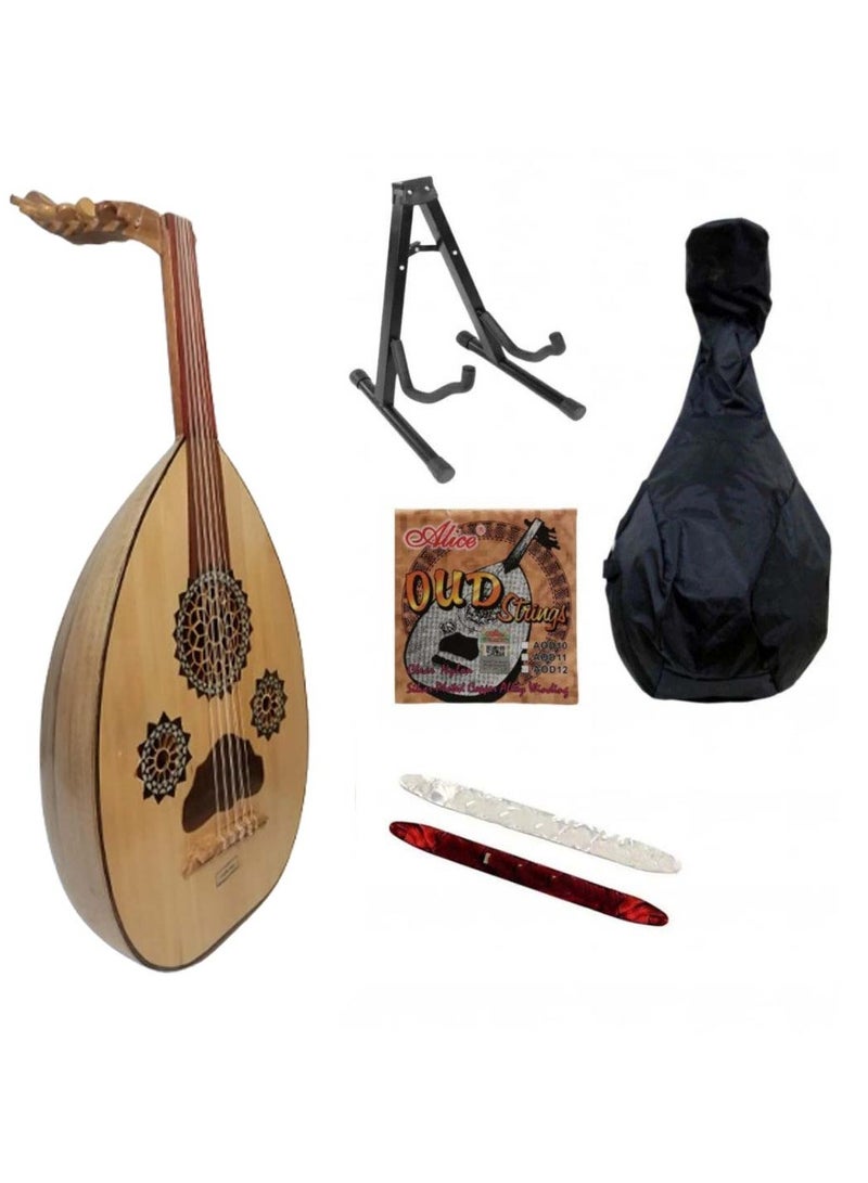 Al-Karz Music educational musical oud with accessories, a floor stand, a bag, extra strings, and oud pick 