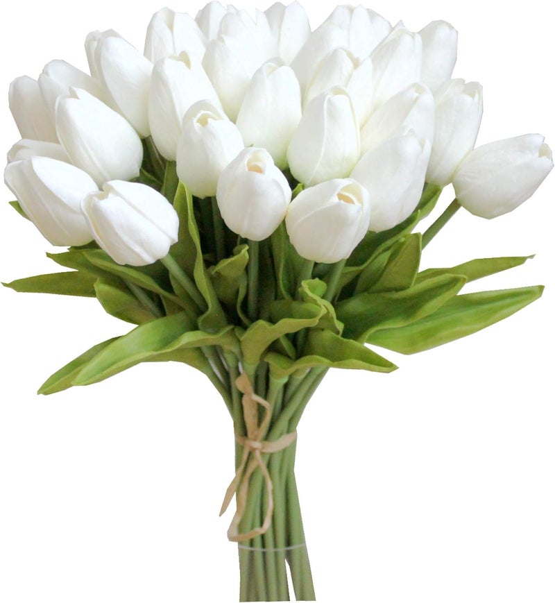 Mandy's Artificial Tulips 28 Stems White PU Faux Flowers for Thanksgiving and Christmas Decorations Wedding Home Decor 13.5 Inch - Image 1