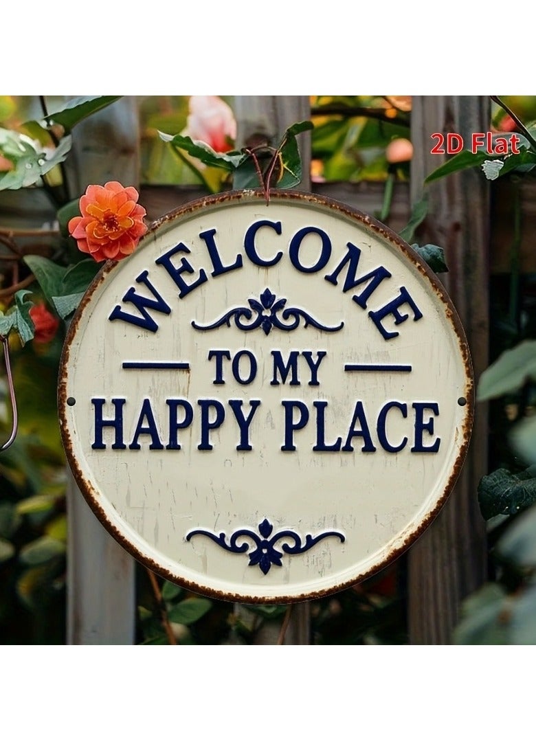 HOMESTAR Welcome Sign for Front Door Round Metal Welcome to My Happy Place Plaque for Home Office Bedroom Kitchen Dining or Decor 8x8 In - Image 1
