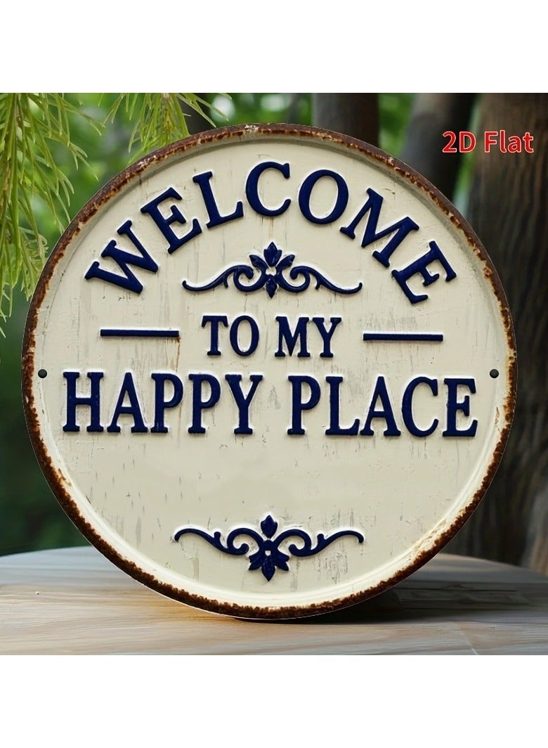 HOMESTAR Welcome Sign for Front Door Round Metal Welcome to My Happy Place Plaque for Home Office Bedroom Kitchen Dining or Decor 8x8 In - Image 5