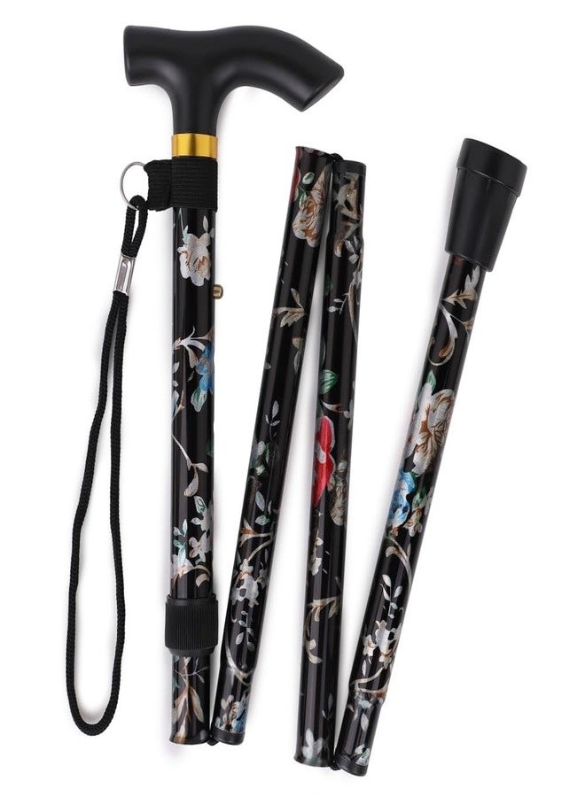 Comfkey Folding Lightweight Walking Stick - Adjustable Aluminum Metal Collapsible Travel Cane with Non-Slip Rubber Base (Black Floral) - Image 1