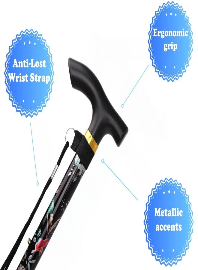 Comfkey Folding Lightweight Walking Stick - Adjustable Aluminum Metal Collapsible Travel Cane with Non-Slip Rubber Base (Black Floral) - Image 2