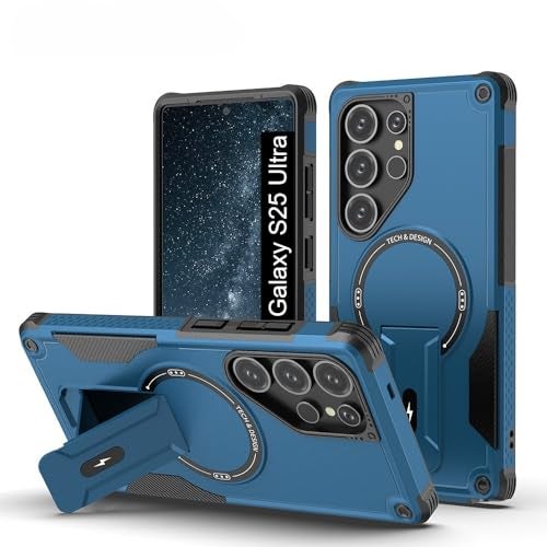 US LITE Back Cover for Samsung Galaxy S25 Ultra with Portable Kickstand | Mag-Safe Compatible Magnetic Case | Shockproof Military Grade Protection | Extreme Protection Phone Cover – Blue - Image 1