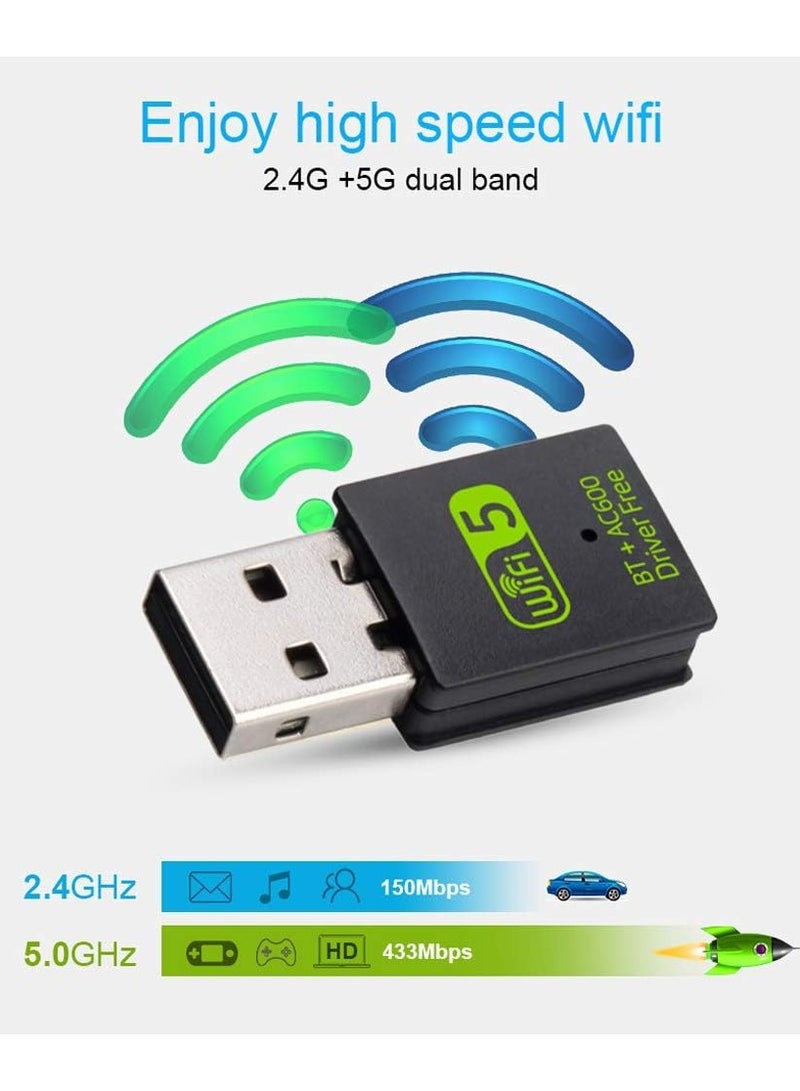 محول بلوتوث واي فاي USB، جهاز استقبال خارجي للشبكة اللاسلكية ثنائي النطاق 600 ميجابت في الثانية 2.4/5 جيجا هرتز، دونجل واي فاي صغير للكمبيوتر/الكمبيوتر المحمول/سطح المكتب - Image 4
