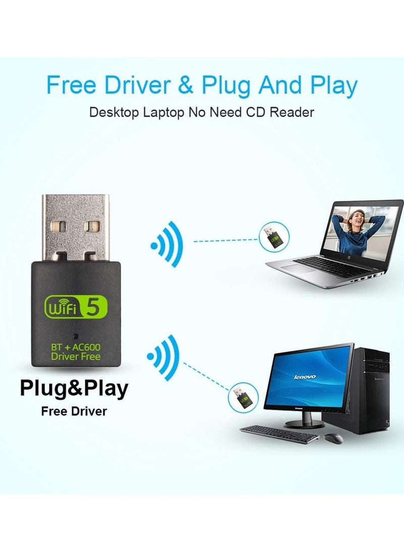 محول بلوتوث واي فاي USB، جهاز استقبال خارجي للشبكة اللاسلكية ثنائي النطاق 600 ميجابت في الثانية 2.4/5 جيجا هرتز، دونجل واي فاي صغير للكمبيوتر/الكمبيوتر المحمول/سطح المكتب - Image 3