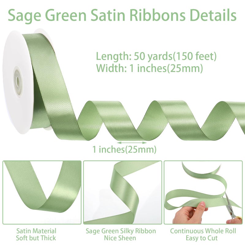 woric Sage Green Ribbon 1 Inch 50 Yards Easter Ribbon Solid Fabric Light Green Satin Ribbon for Gift Bags Easter Basket Decorations Dorm Room Decor Gift Wrapping Wedding Hair Bows - Image 2