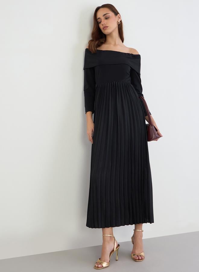 Styli Black Off Shoulder Pleated Evening Maxi Dress - Image 1