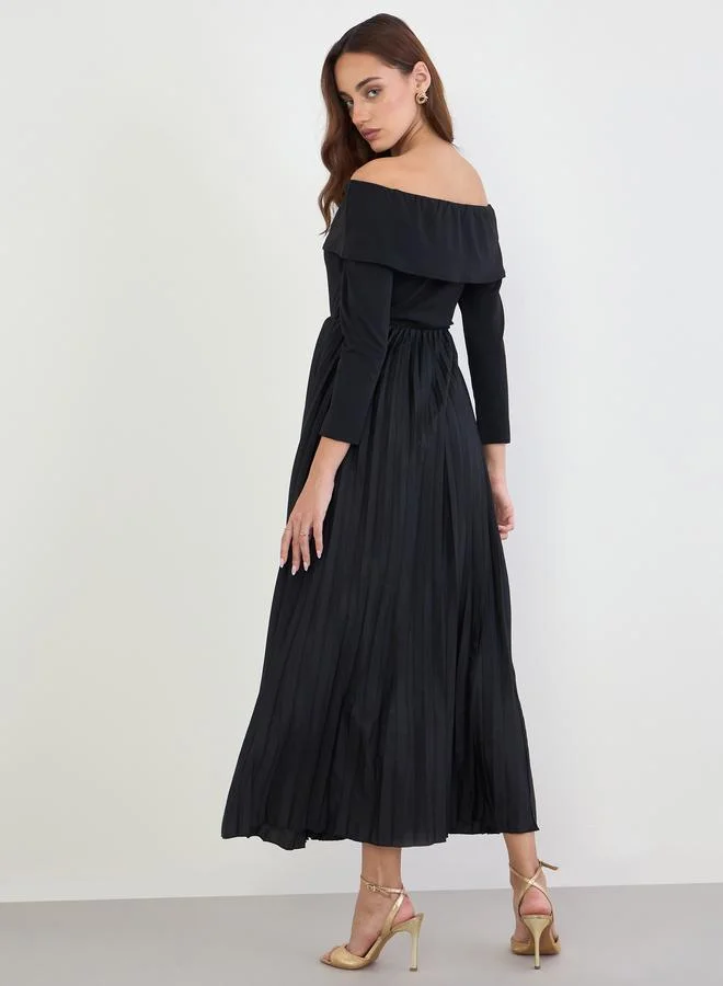 Styli black Black Off Shoulder Pleated Evening Maxi Dress for Women | Best Price UAE