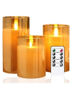 3-Piece LED Flameless Candle Set Gold Flameless Candles with Remote Control Cycling Timer, 10cm, 12.5cm, 15cm,