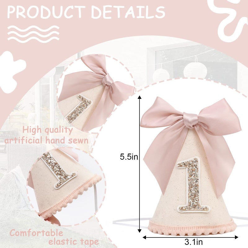 LINGANA Bow 1st Birthday Hat - Little Princess First Birthday Decorations, One Birthday Crown Outfit, Sweet Cake Smash Party Photo Props, My First Party Hat with Pink Bow - Image 2