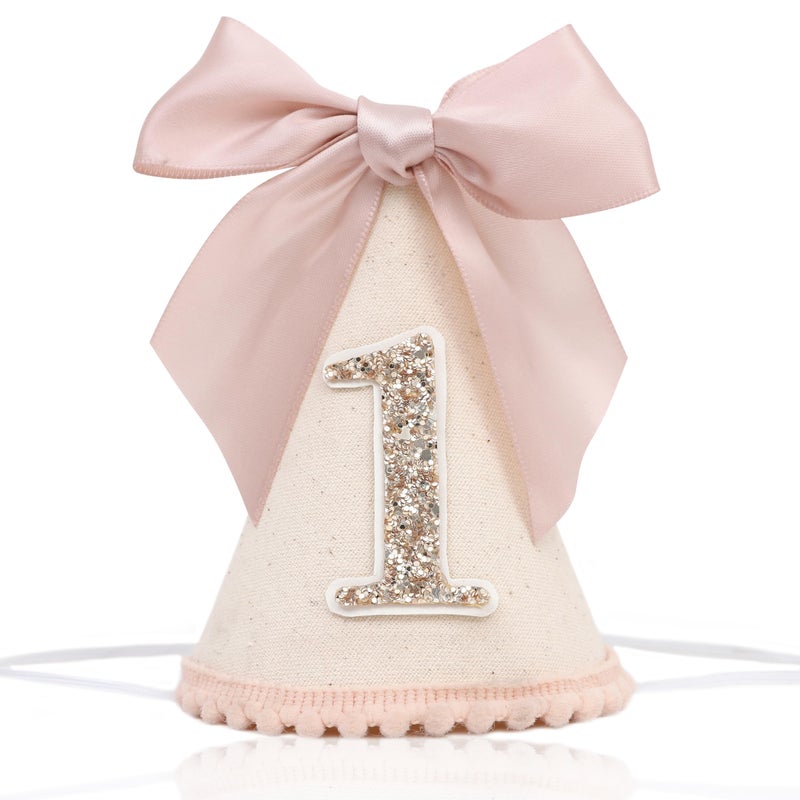 LINGANA Bow 1st Birthday Hat - Little Princess First Birthday Decorations, One Birthday Crown Outfit, Sweet Cake Smash Party Photo Props, My First Party Hat with Pink Bow - Image 1