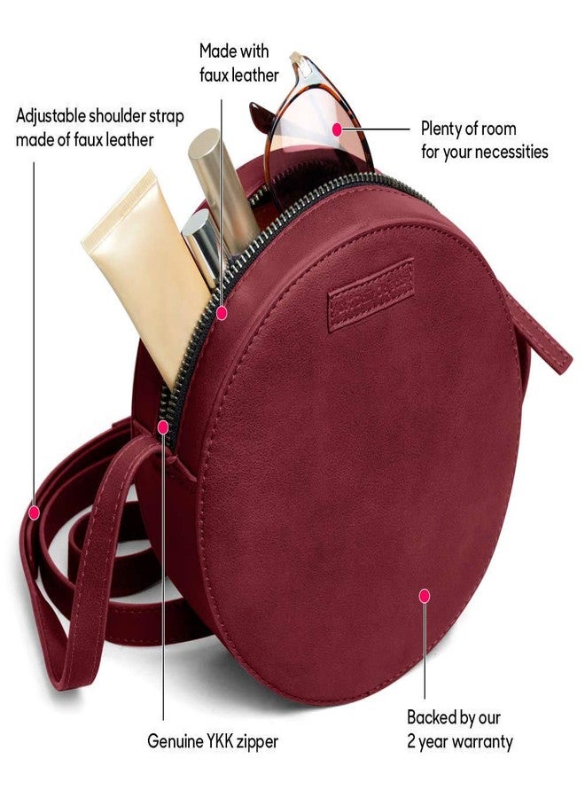 DailyObjects Orbis Round Sling Crossbody Bag For Women| Stylish Solid Burgundy Faux Leather Purse With Slip Pocket & 2 Compartments Inside| Zip Closure & Adjustable Strap| Storage Space For Essentials - Image 4