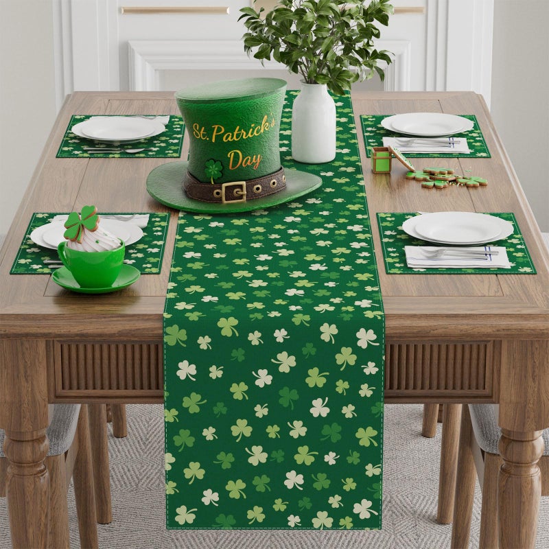 XCHI Green Shamrocks St. Patrick's Day Table Runner Table Decoration for Party Home Kitchen Dining Holiday Decor 13x72 Inch - Image 2