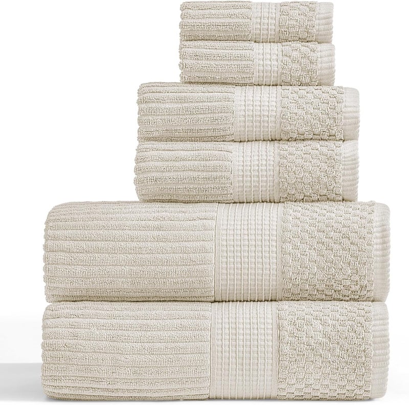 SPRING TREE 100% Cotton Bath Towel Set | 6 Piece Set | Absorbent & Quick-Dry Towels | Textured and Durable Cotton | Krista Collection - Beige - Image 1