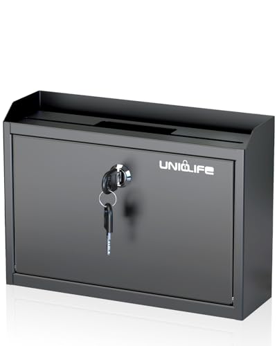 Uniclife Wall Mounted Mailbox with Key Lock Newspaper Holder Suggestion Box with Top Slots Key Drop Box Safe Lock Box Metal Donation Box Ballot Box for Office Business Activity - Image 1