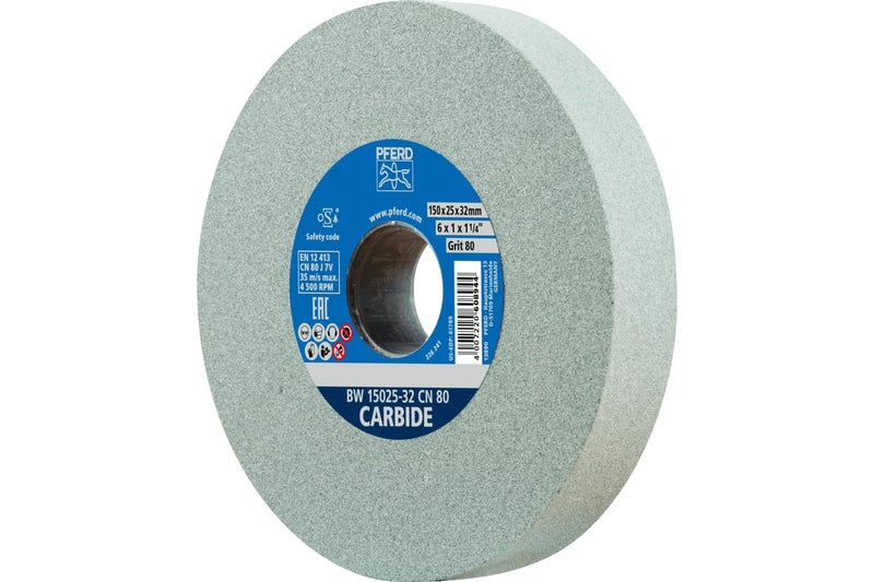 PFERD Vitrified Bench Grinding Wheel - Carbide, 6" Diameter, 1" Thick, 1" Arbor, 80 Grit, Silicon Carbide, for Carbide Tool Sharpening and Grinding - Part 61789 - Image 1
