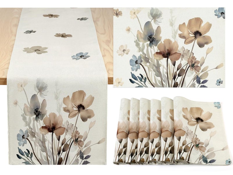 Yiyiring Brown Poppy Floral Leaves Table Runner and Placemats Set of 6 Spring Poppy Floral Table Runner 13 x 72 Placemats 12 x 18 Seasonal Summer Kitchen Dining Decoration for Home Party - Image 2