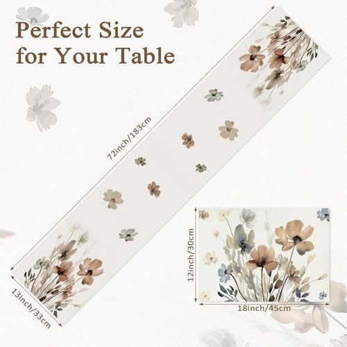 Yiyiring Brown Poppy Floral Leaves Table Runner and Placemats Set of 6 Spring Poppy Floral Table Runner 13 x 72 Placemats 12 x 18 Seasonal Summer Kitchen Dining Decoration for Home Party - Image 3