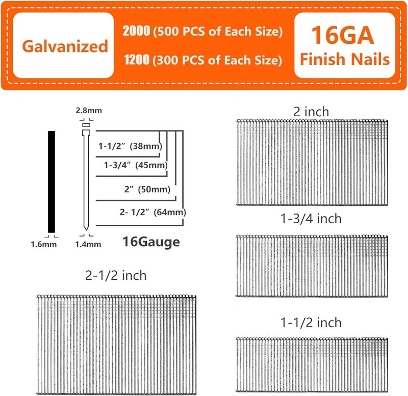 SITLDY Straight Finish Nails, 16 Gauge, 2000-Pack (1-1/2", 1-3/4", 2", 2-1/2", 500 Per Size), Galvanized, Assorted Size Project Pack, for Pneumatic, Electric 16GA Straight Finish Nailer - Image 2