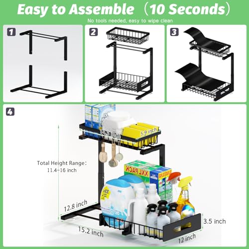 ADBIU Under Sink Organizer(10 Seconds Installation), 2 Packs 2 Tier Expandable Height (11" - 16") Bathroom Kitchen Organizers And Storage - Image 2