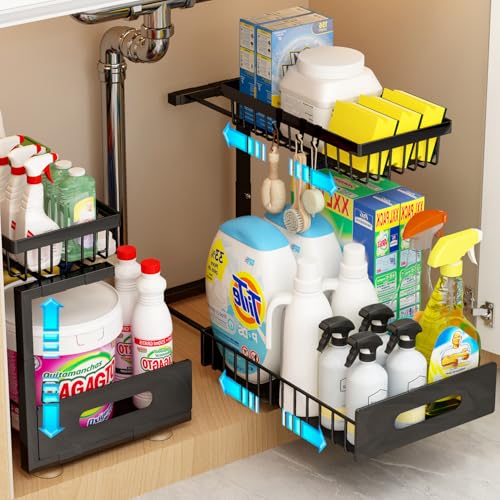 ADBIU Under Sink Organizer(10 Seconds Installation), 2 Packs 2 Tier Expandable Height (11" - 16") Bathroom Kitchen Organizers And Storage - Image 1