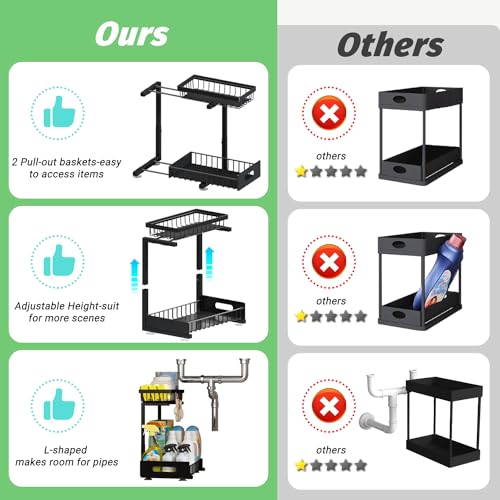 ADBIU Under Sink Organizer(10 Seconds Installation), 2 Packs 2 Tier Expandable Height (11" - 16") Bathroom Kitchen Organizers And Storage - Image 5