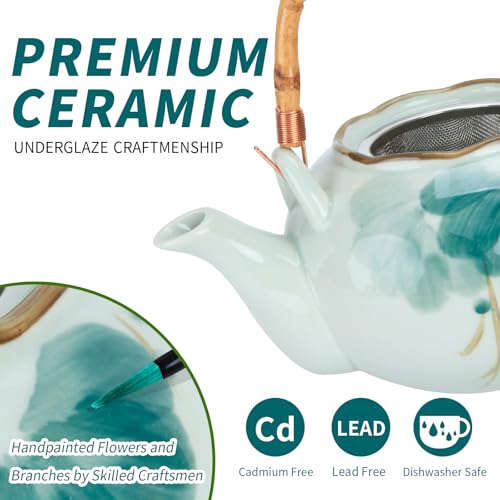 BEOZINZ Japanese Tea Set Porcelain Tea Set with Teapot and Tea Cup Set for 4, Green and White Tea Sets for Adults with Stainless Infuser and Bamboo Tray, Asian Tea Set for Tea Lovers/Women/Men (Lotus) - Image 2