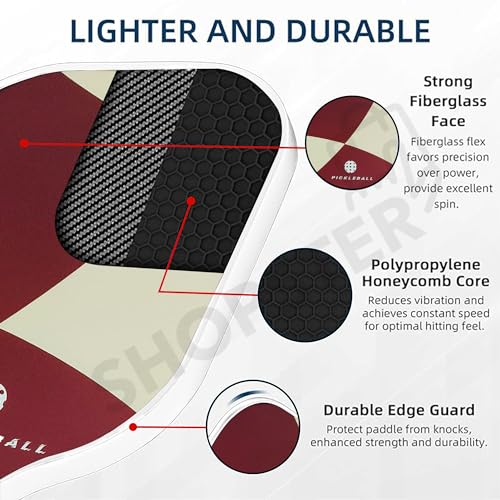 Shopster Lightweight Fiberglass Pickleball Paddle with Polypropylene Honeycomb Core & Anti-Slip Sweat Comfortable Grip for Men Women, Single Racket - White - Image 4