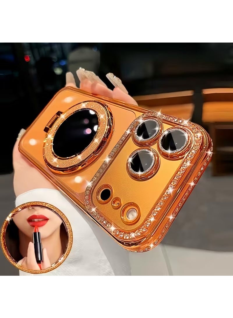 Luxury Glitter Creative Makeup Mirror Stand Protective Case, Suitable for iPhone 18 Pro Max, Orange