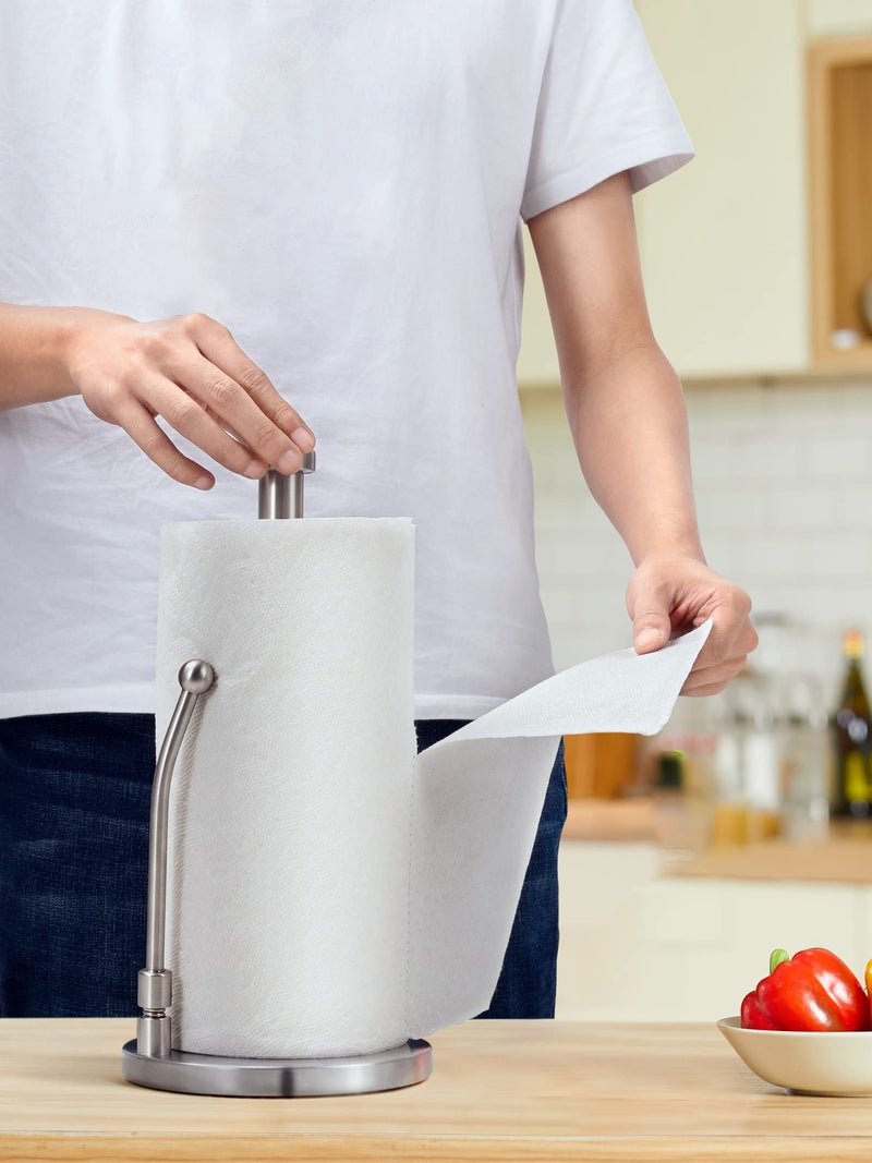 SMARTAKE حامل مناديل ورقية SMARTAKE، موزع مناديل ورقية بقاعدة وزن ثابت غير قابلة للانزلاق، ذراع نابض لسهولة التمزيق، حامل مناديل ورقية من الفولاذ المقاوم للصدأ للمطبخ المنزلي، فضي - Image 2