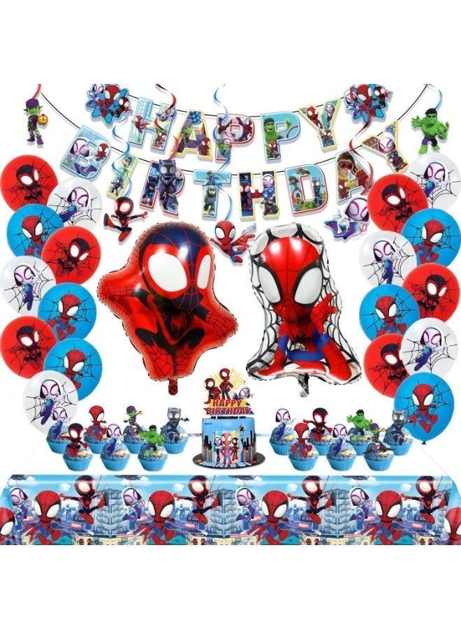 S-Quality Spidey and His Amazing Friends Theme Birthday Party Decoration Set – Banner, 18 Balloons, 25 Cupcake Toppers, 2 Foil Balloons, Table Cover & Ribbon - Image 1